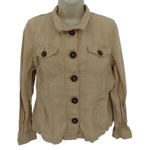 Relativity Women Medium Beige Button Collared Long Sleeve Jacket Coat All Linen